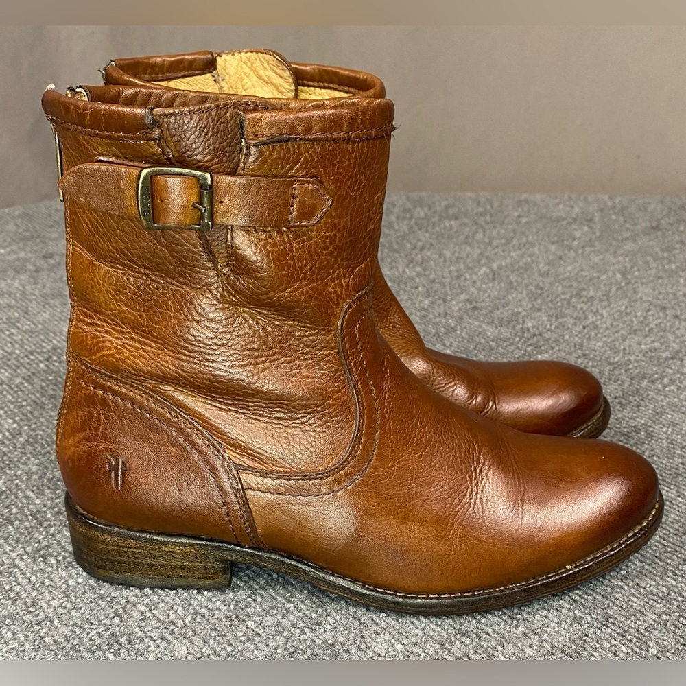 Frye Boots Women’s 6.5 Pippa Leather Back Zip Buckle Block Heel Ankle Brown